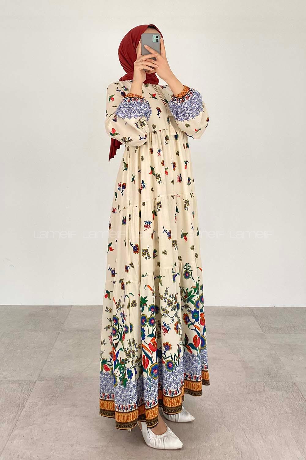 Ecru Navy Blue Foulard Neck Viscose Fabric Printed Dresess