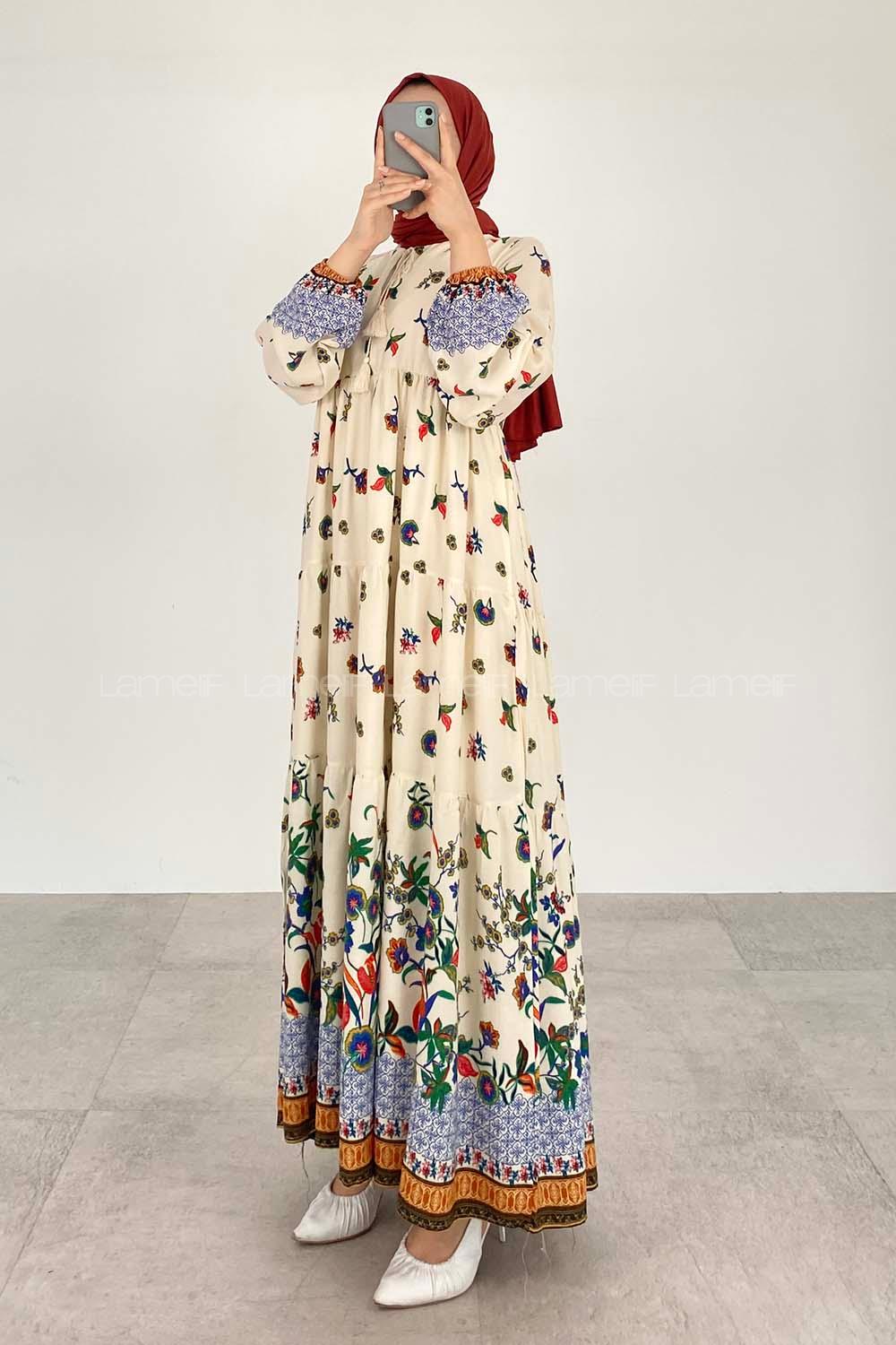 Ecru Navy Blue Foulard Neck Viscose Fabric Printed Dresess