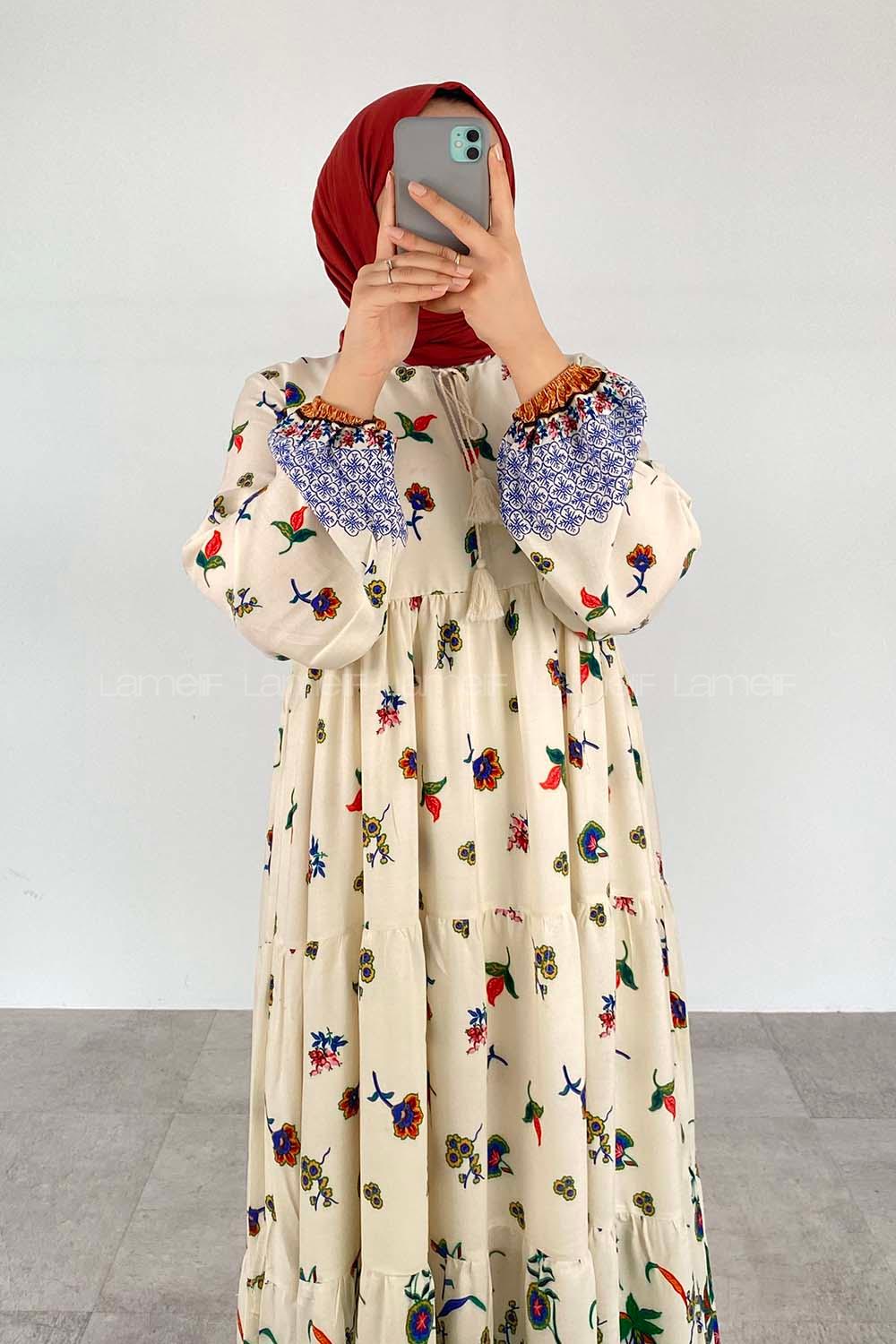 Ecru Navy Blue Foulard Neck Viscose Fabric Printed Dresess