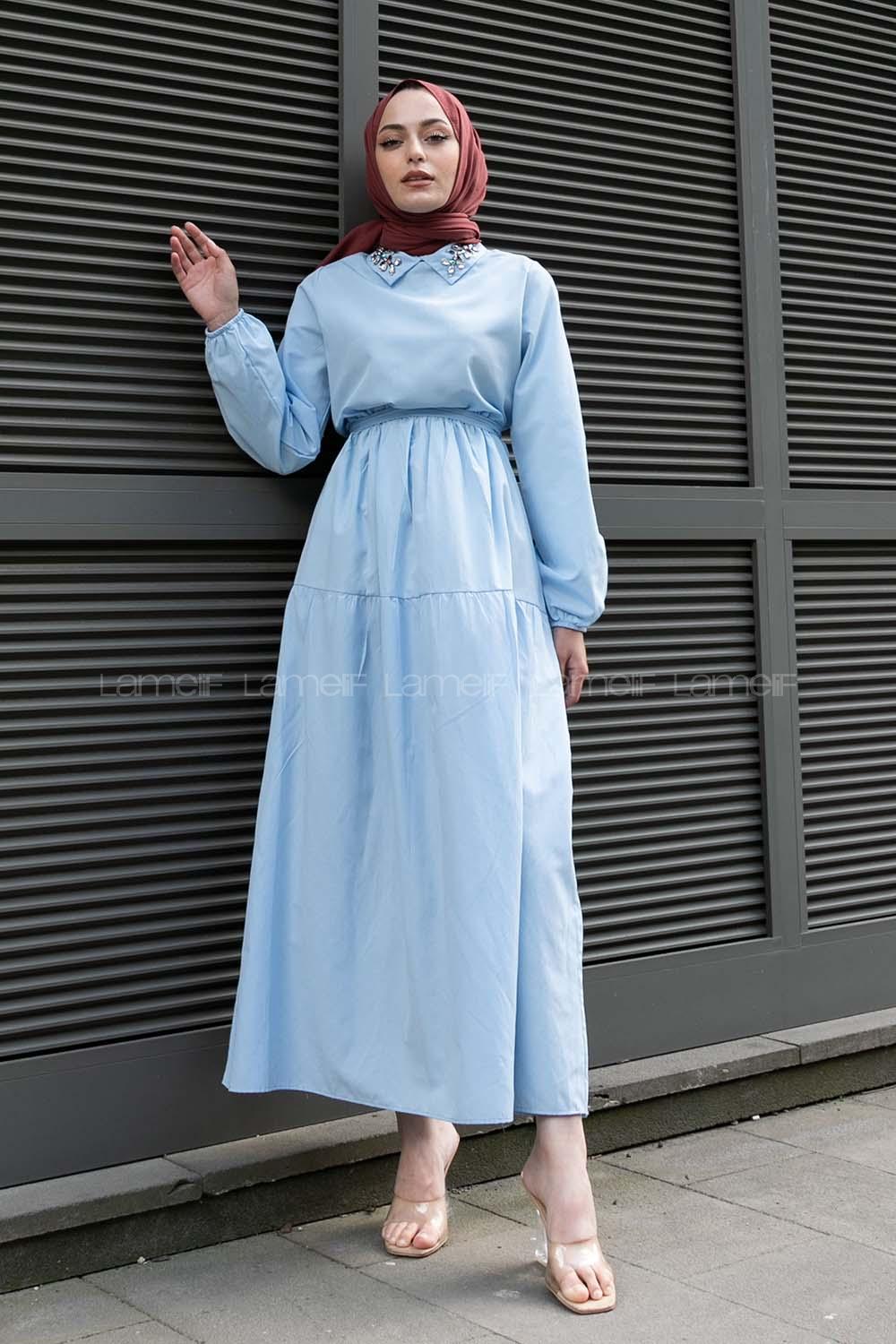 Baby Blue Shirt Collar Cotton Unprinted Dresess