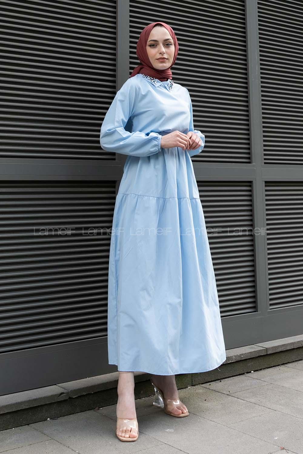 Baby Blue Shirt Collar Cotton Unprinted Dresess