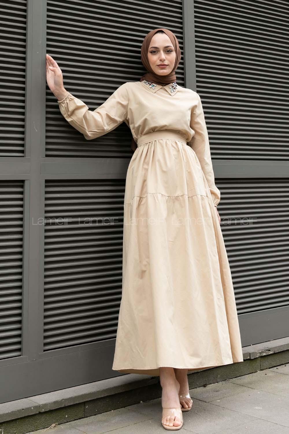 Beige Shirt Collar Cotton Unprinted Dresess