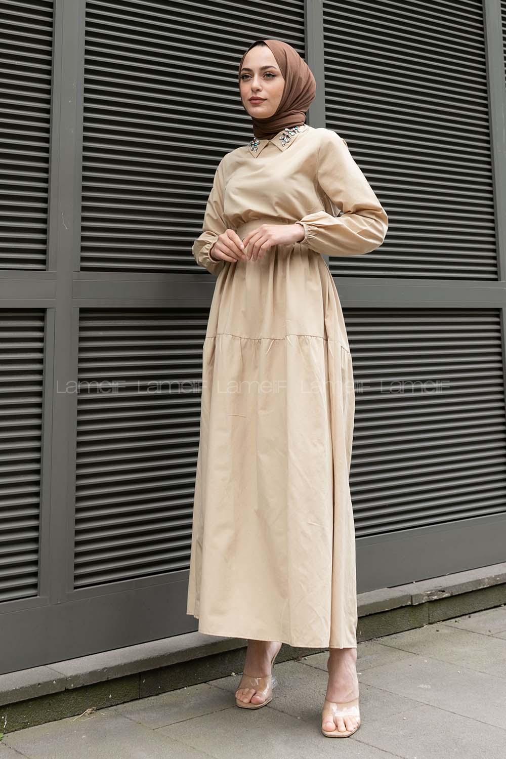 Beige Shirt Collar Cotton Unprinted Dresess