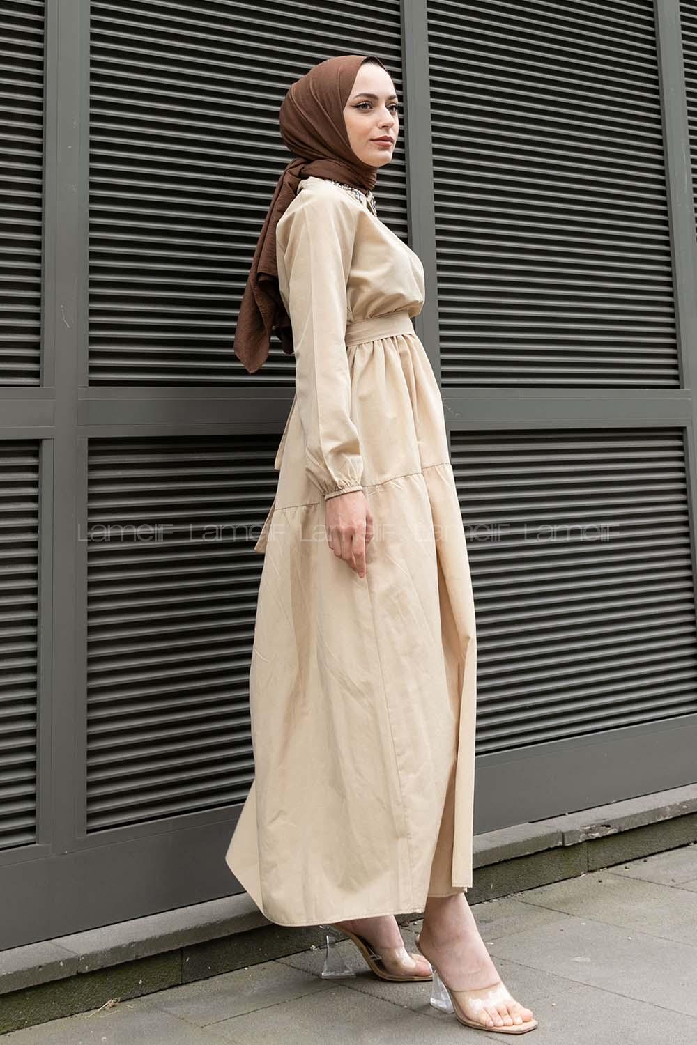 Beige Shirt Collar Cotton Unprinted Dresess