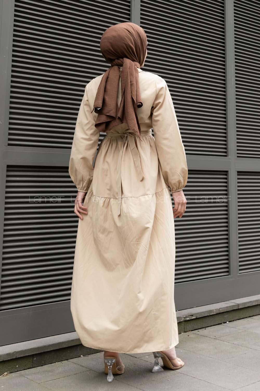 Beige Shirt Collar Cotton Unprinted Dresess