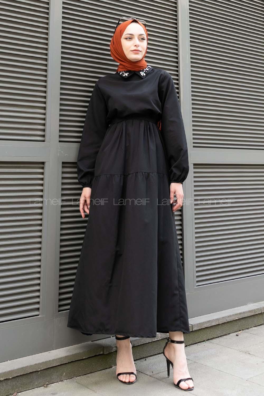 Black Shirt Collar Cotton Unprinted Dresess