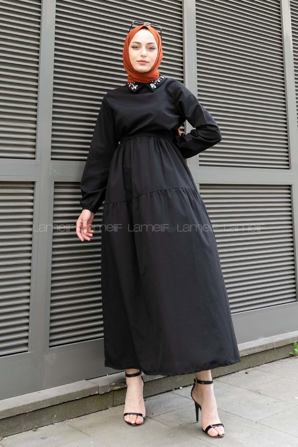 Black Shirt Collar Cotton Unprinted Dresess