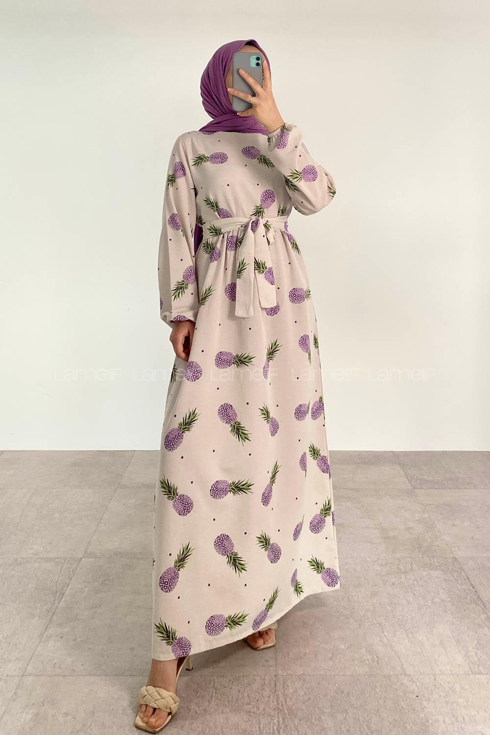 Purble Crew Neck Linen Printed Dresess