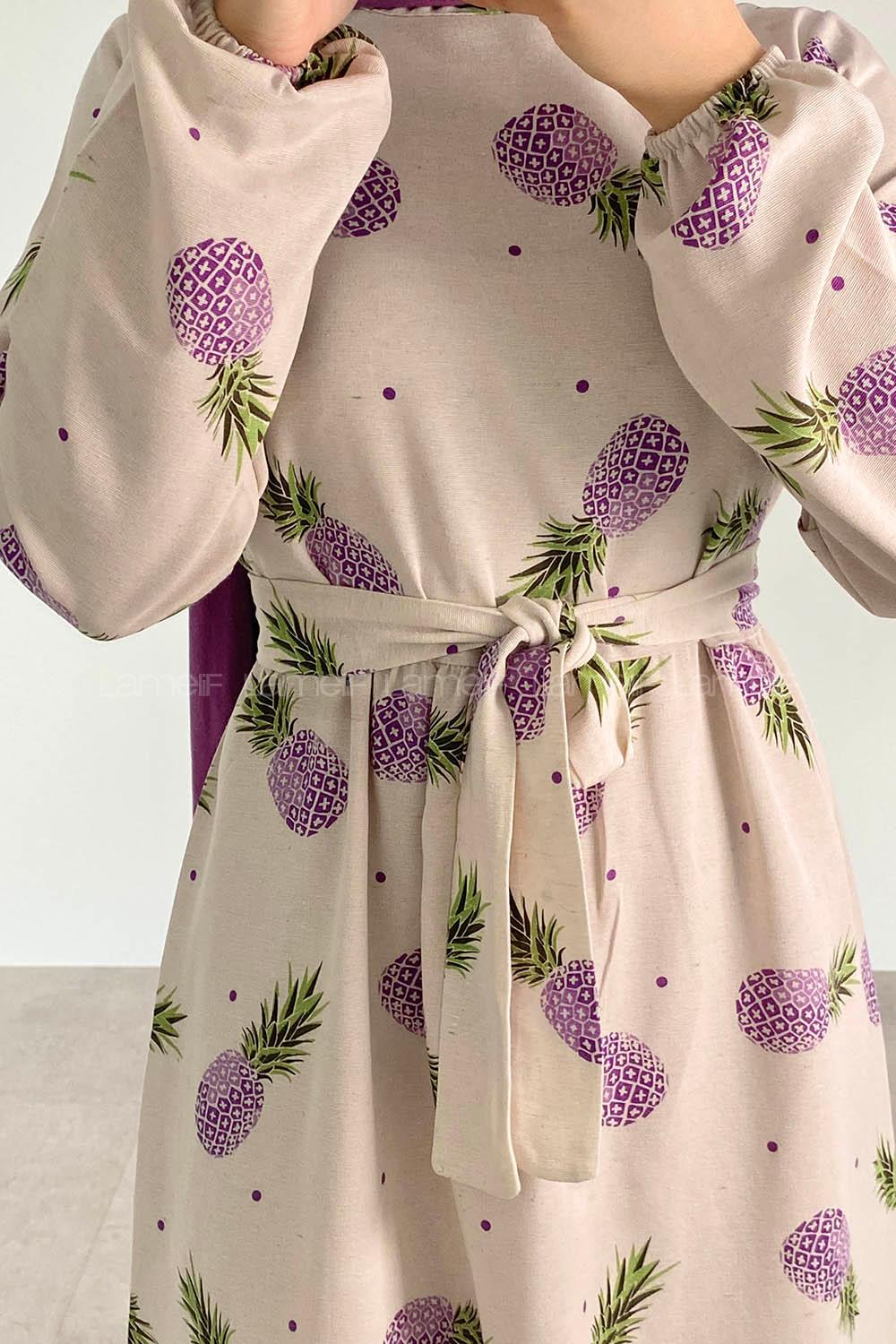 Purble Crew Neck Linen Printed Dresess