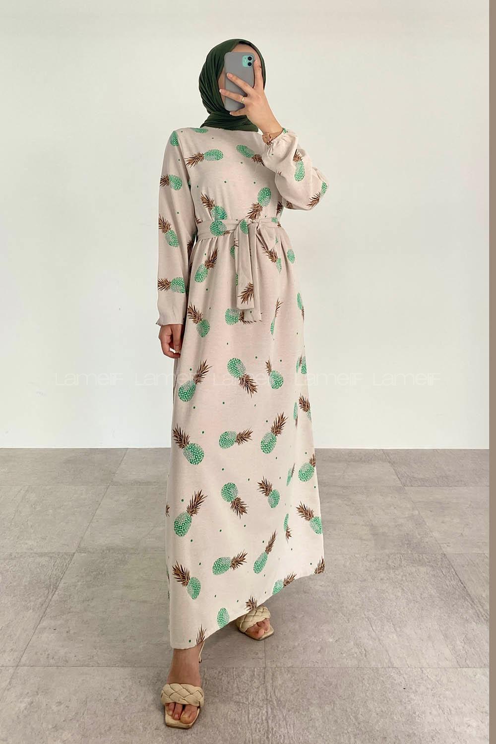 Green Crew Neck Linen Printed Dresess