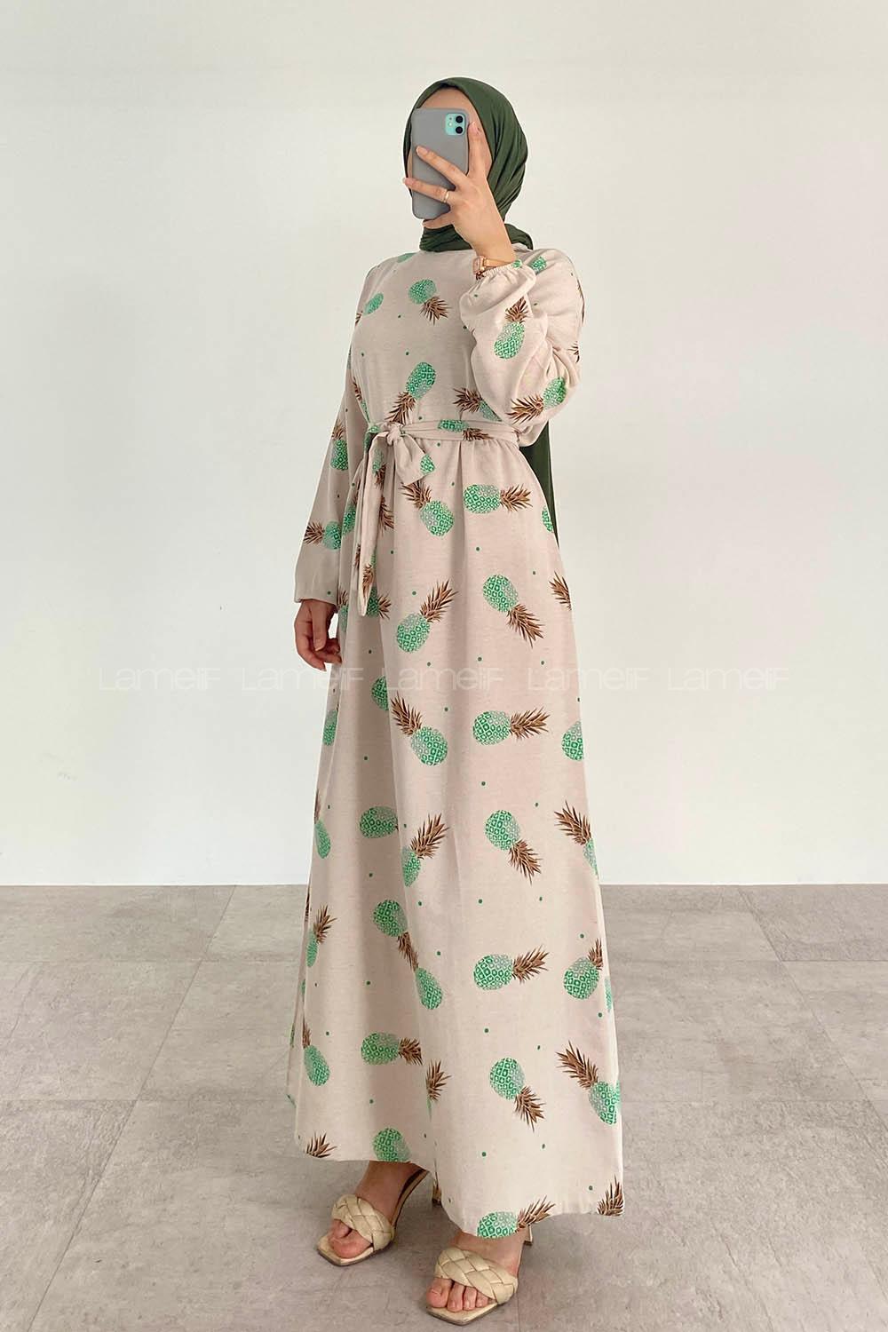 Green Crew Neck Linen Printed Dresess