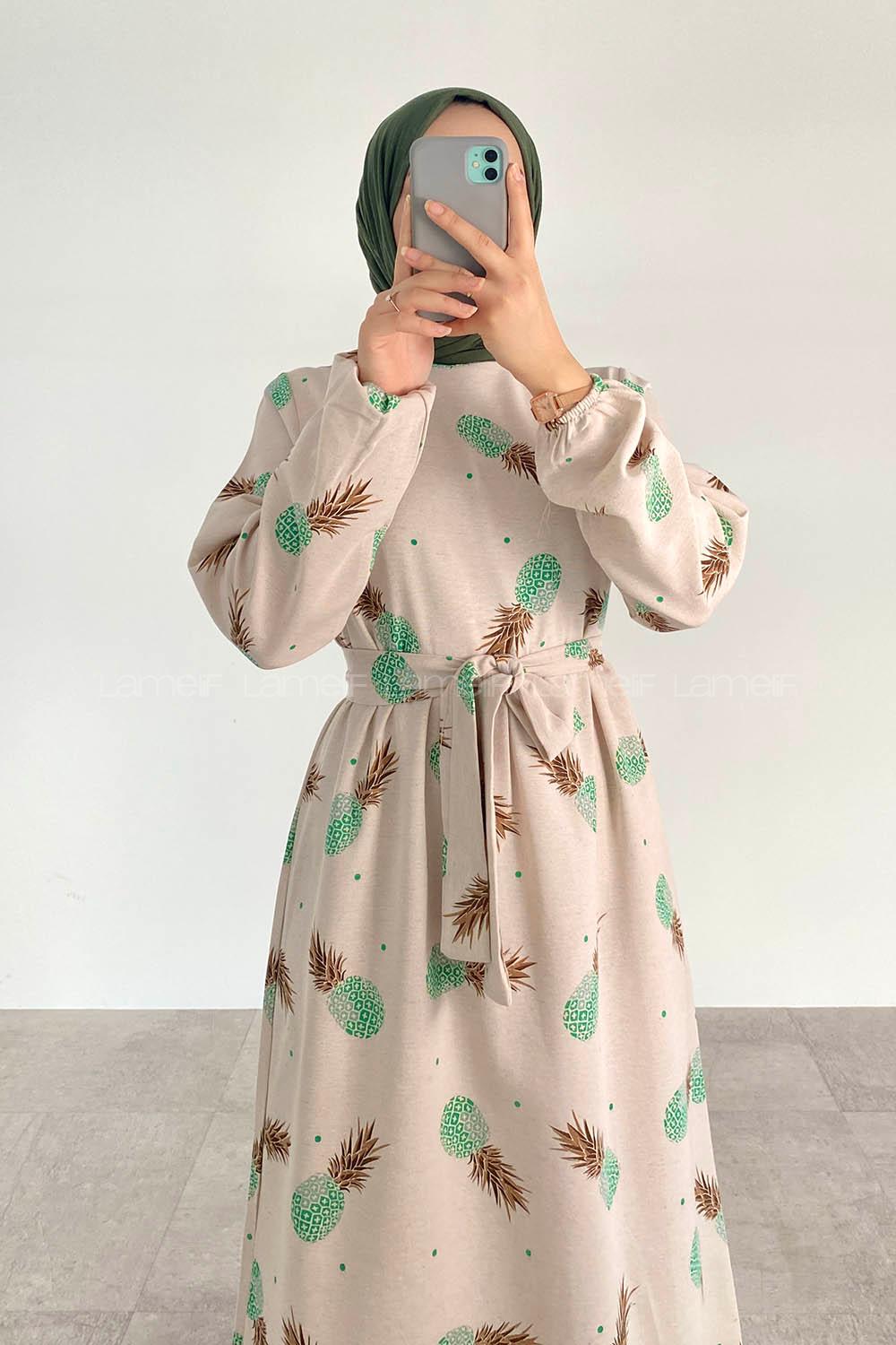 Green Crew Neck Linen Printed Dresess