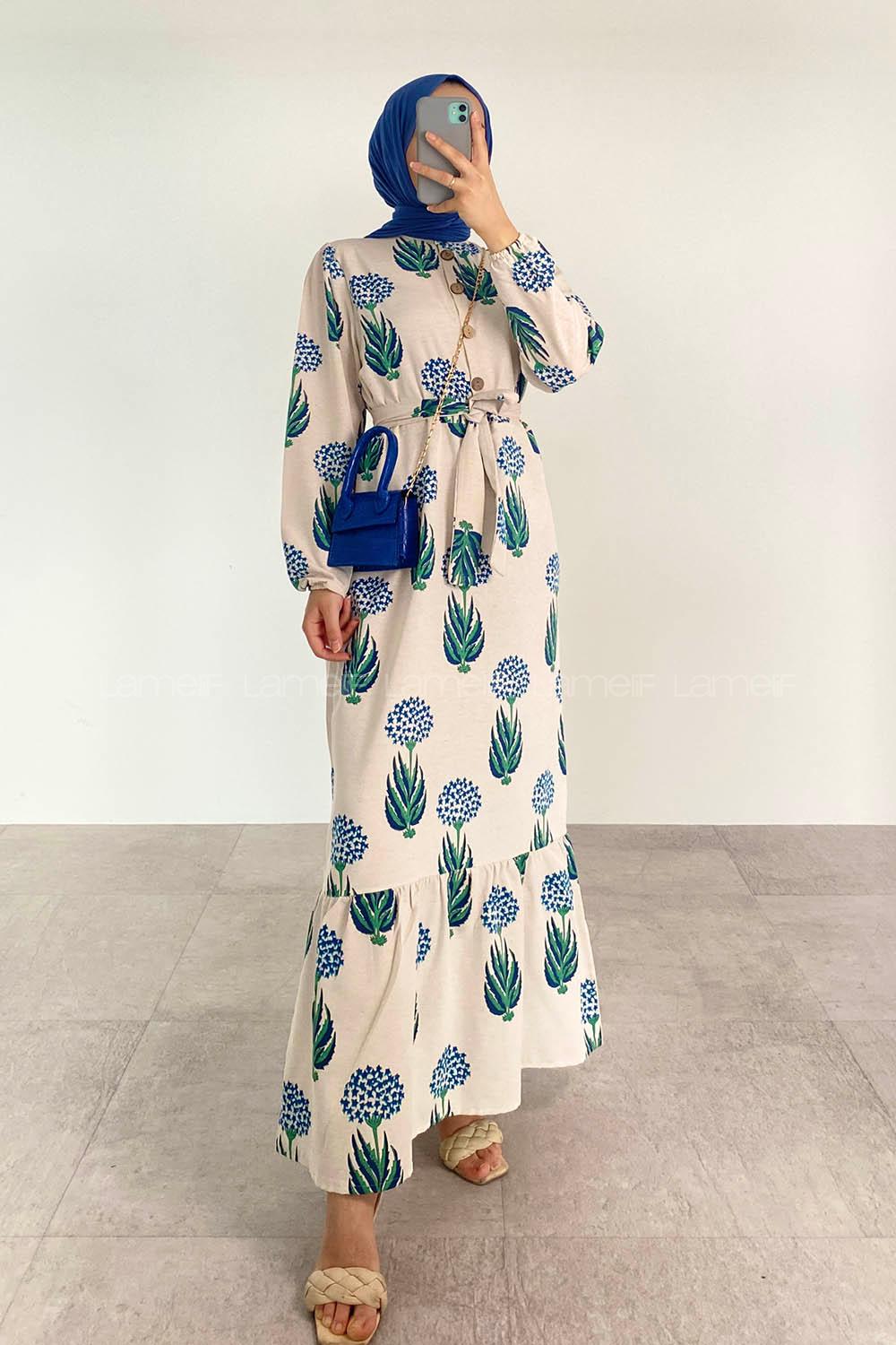 Indigo Mandarin Collar Linen Printed Dresess