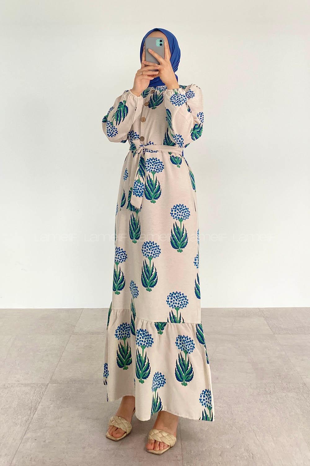 Indigo Mandarin Collar Linen Printed Dresess