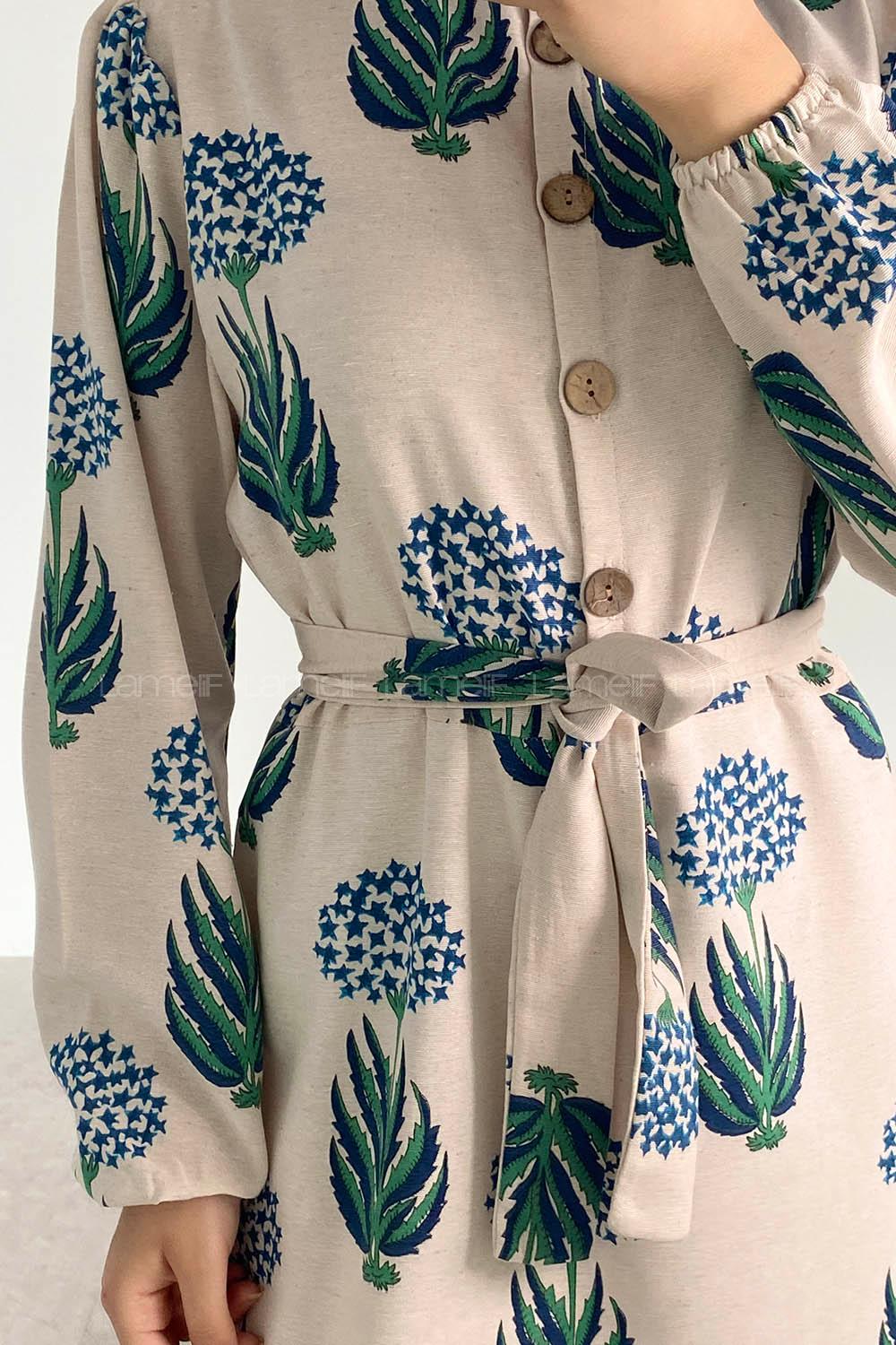 Indigo Mandarin Collar Linen Printed Dresess