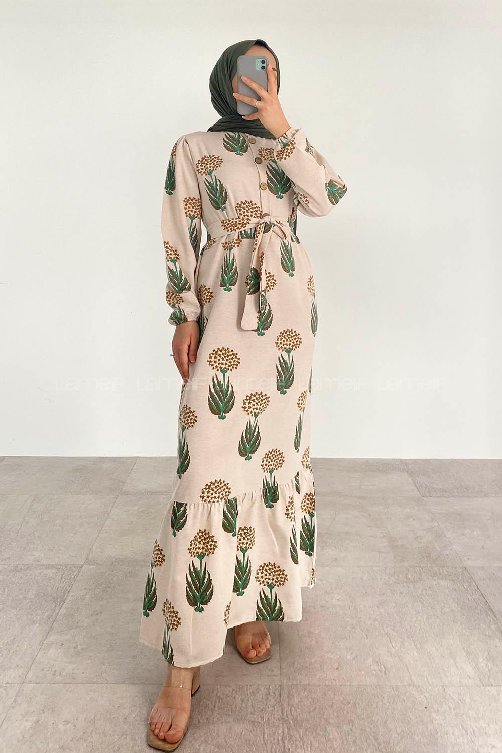 Soft Brown Mandarin Collar Linen Printed Dresess