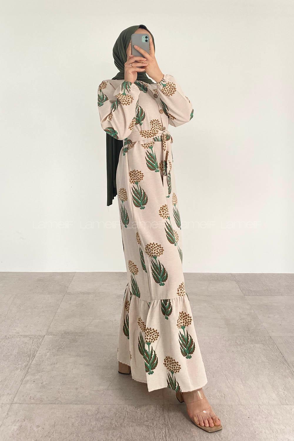 Soft Brown Mandarin Collar Linen Printed Dresess