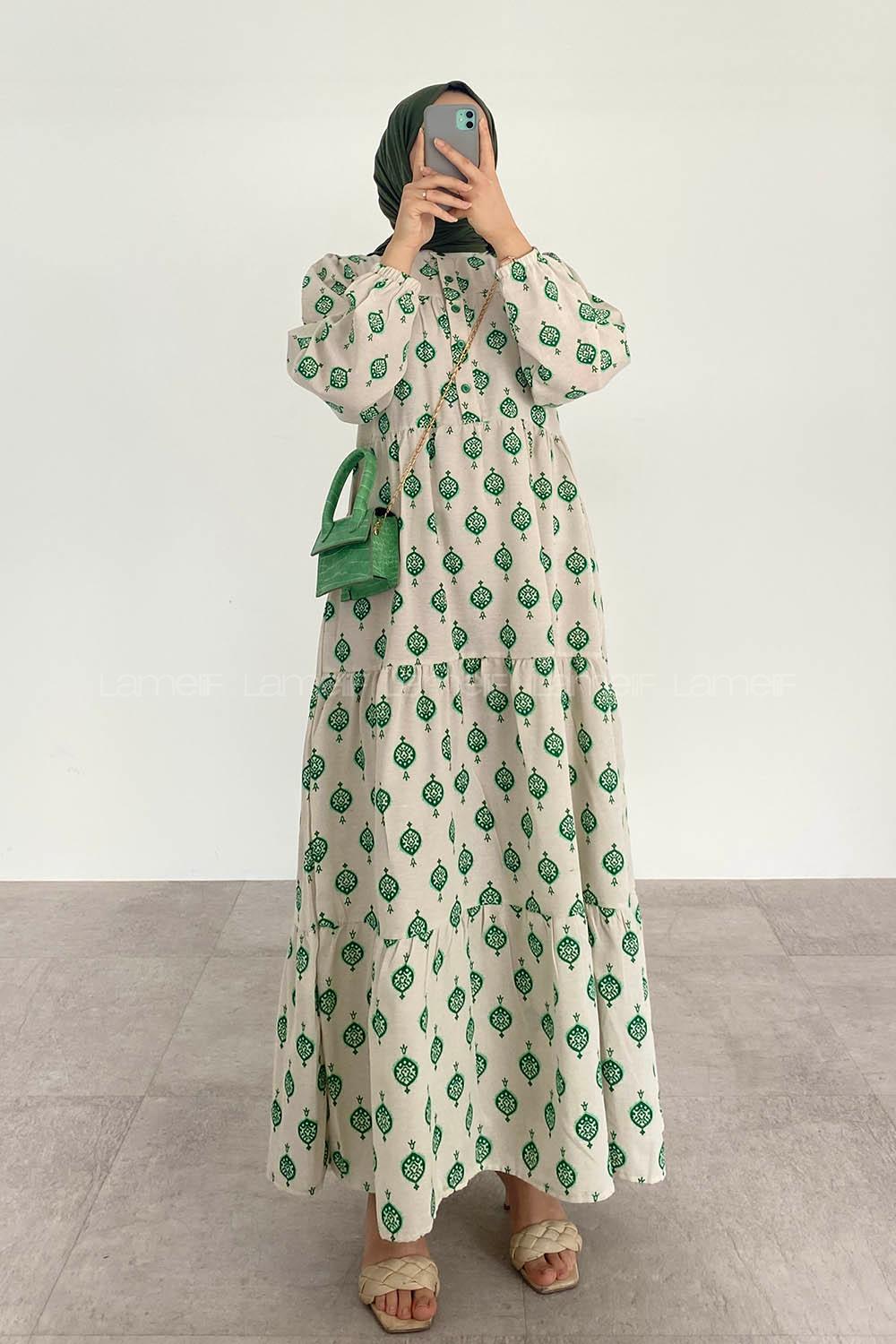 Emerald Green Crew Neck Cotton Printed Dresess