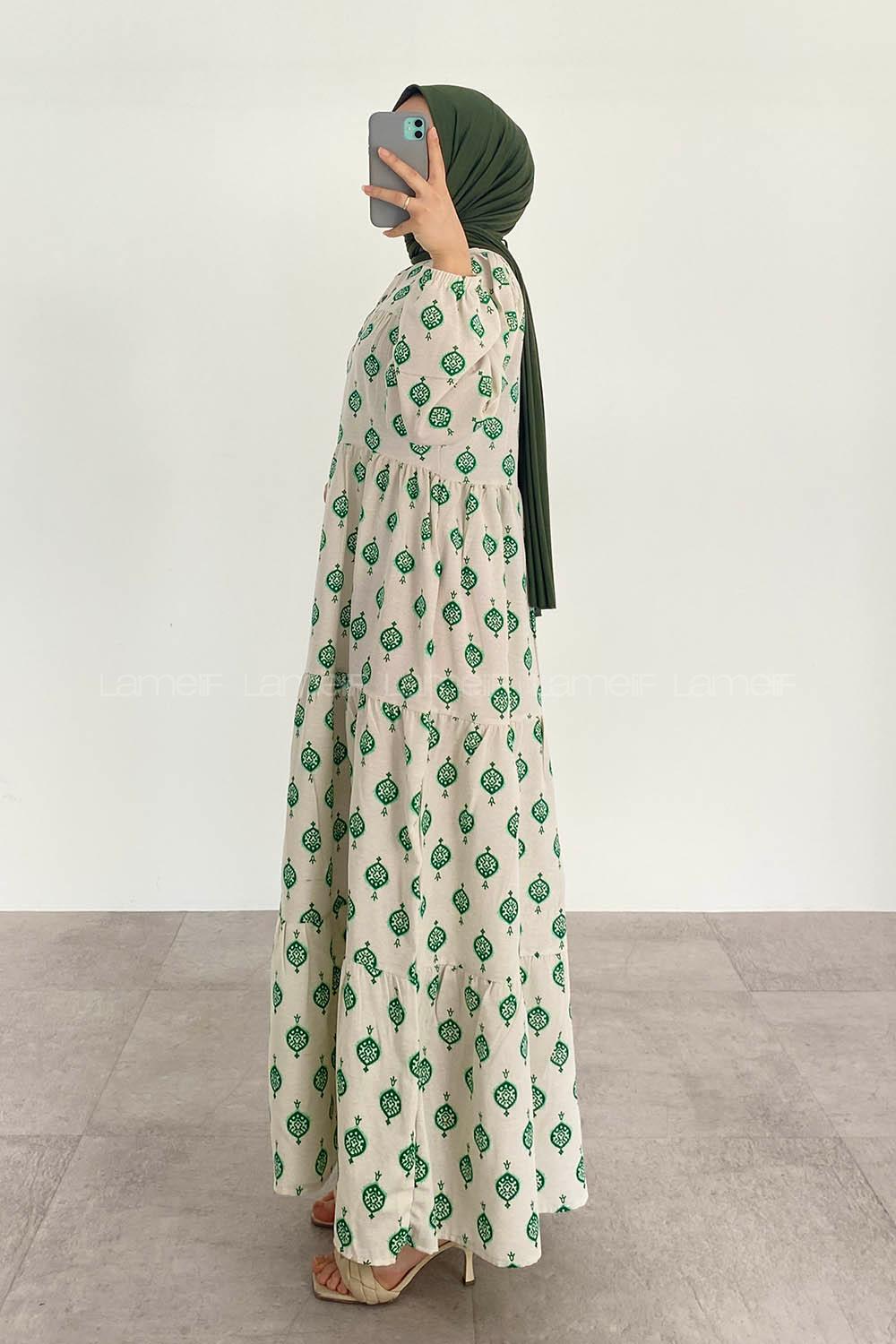 Emerald Green Crew Neck Cotton Printed Dresess