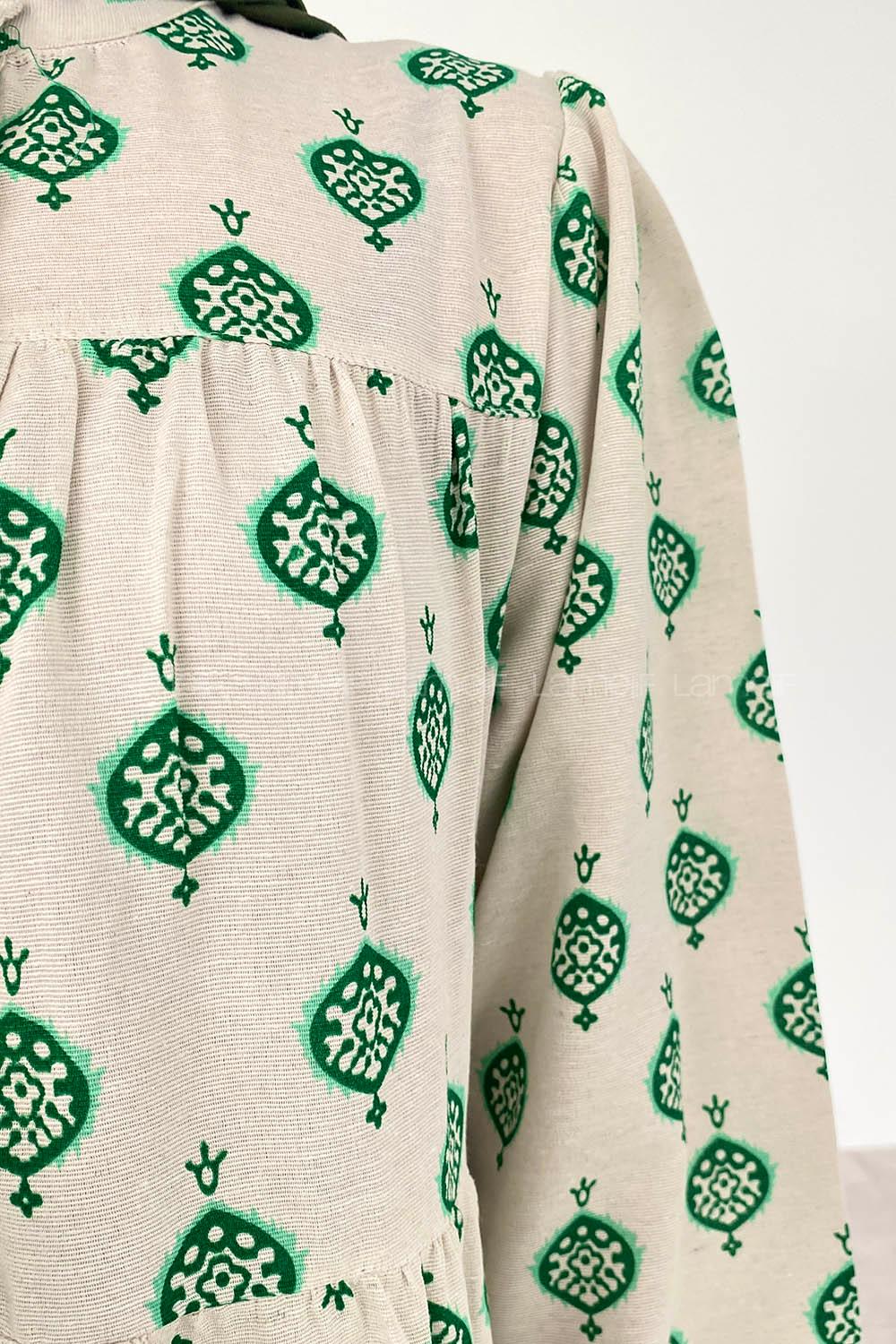 Emerald Green Crew Neck Cotton Printed Dresess
