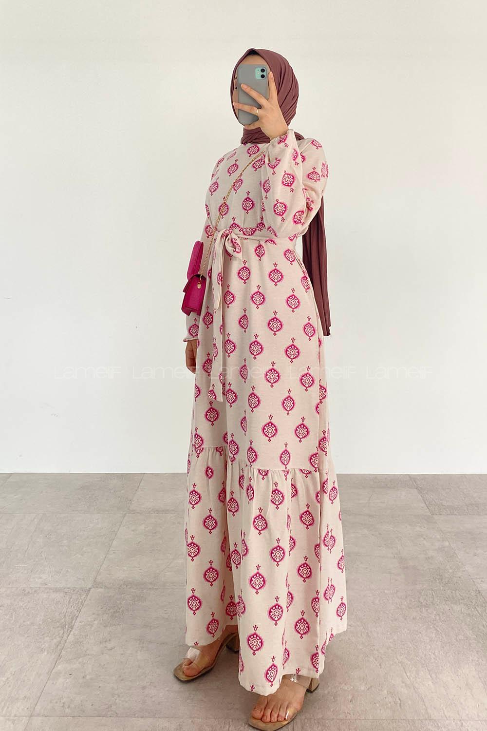 Fuchsia Crew Neck Linen Printed Dresess