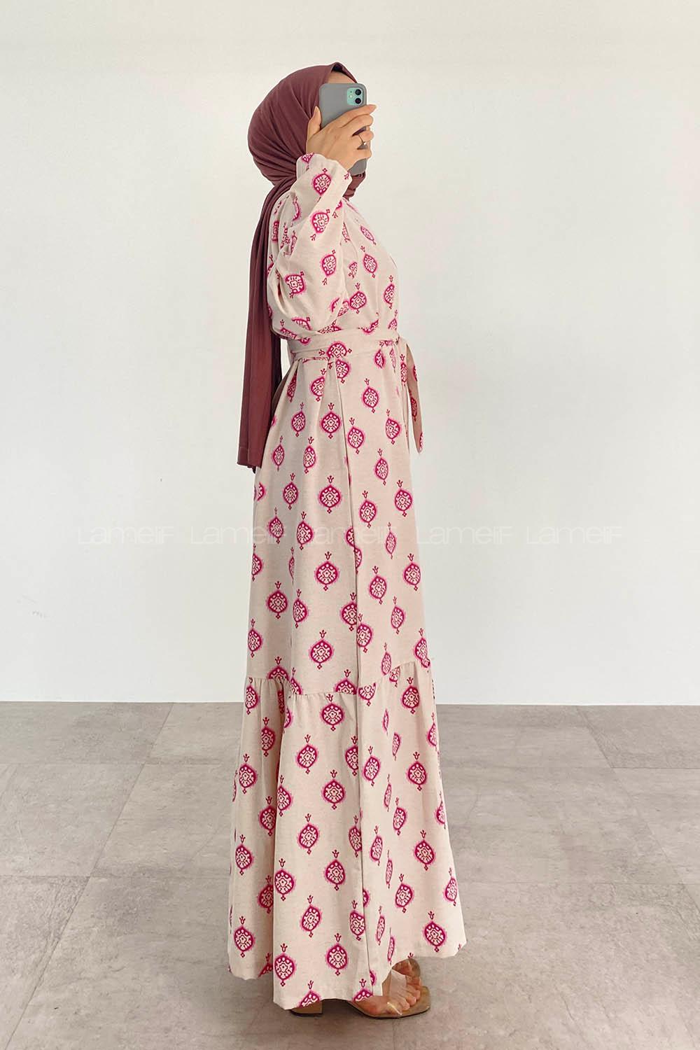 Fuchsia Crew Neck Linen Printed Dresess