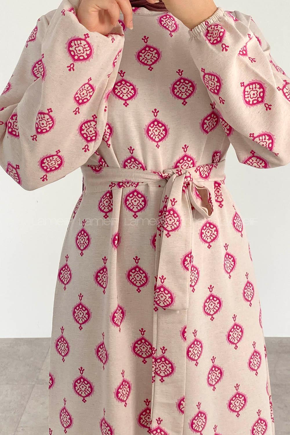 Fuchsia Crew Neck Linen Printed Dresess