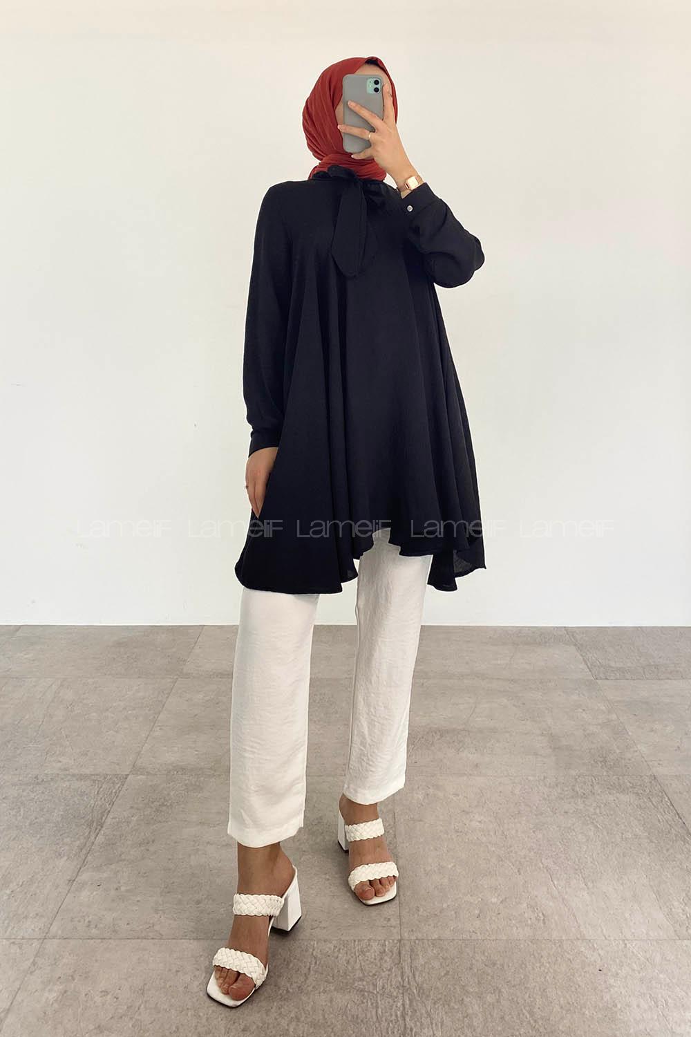Black Foulard Neck Ayrobin Unprinted Tunic
