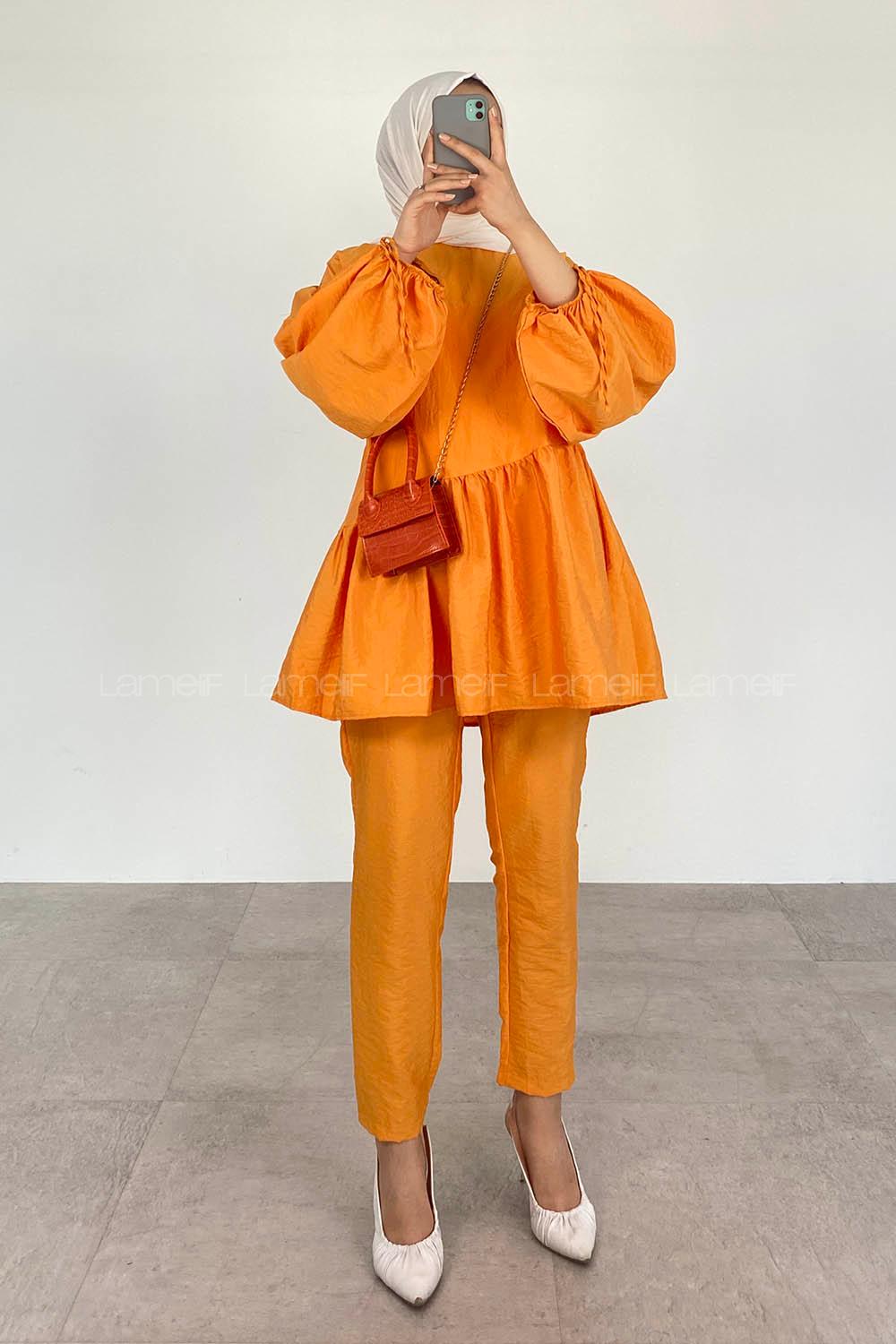 Orange Crew Neck Balloon Sleeve Arm Without Accessories Viscose Fabric Regular Trousers Comfortable Suit