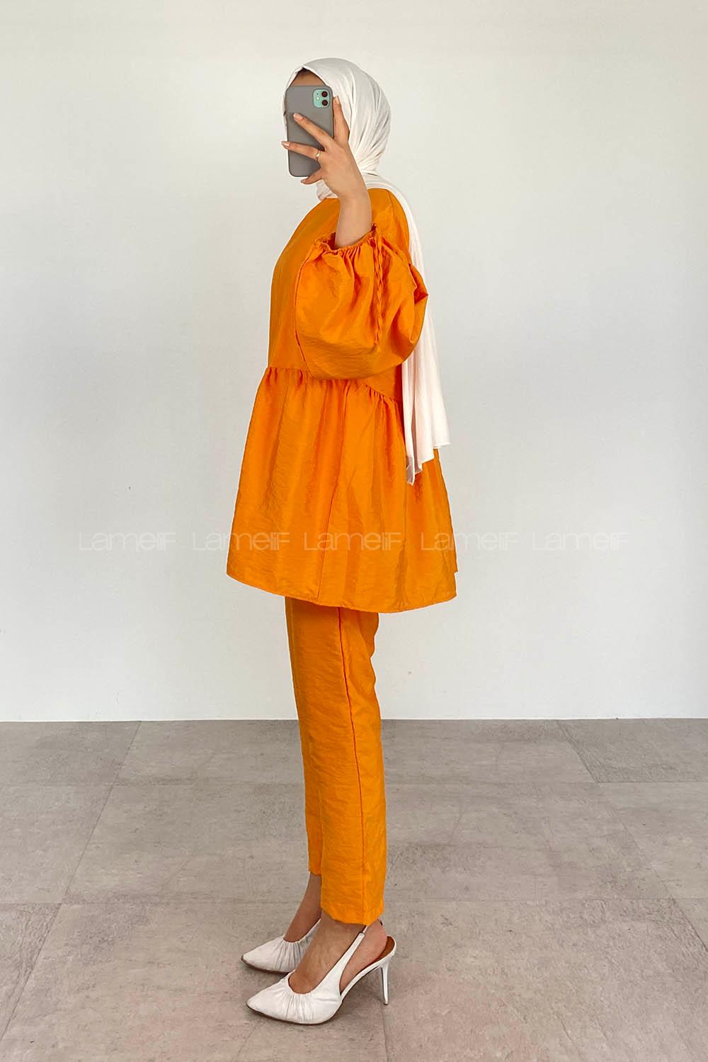 Orange Crew Neck Balloon Sleeve Arm Without Accessories Viscose Fabric Regular Trousers Comfortable Suit