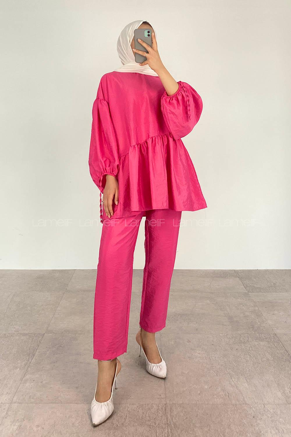 Candy Pink Crew Neck Balloon Sleeve Arm Without Accessories Viscose Fabric Regular Trousers Comfortable Suit