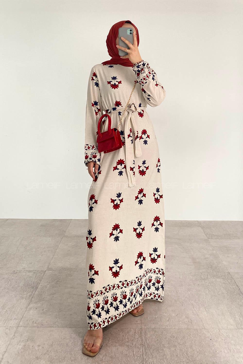 Claret Red Crew Neck Linen Printed Dresess