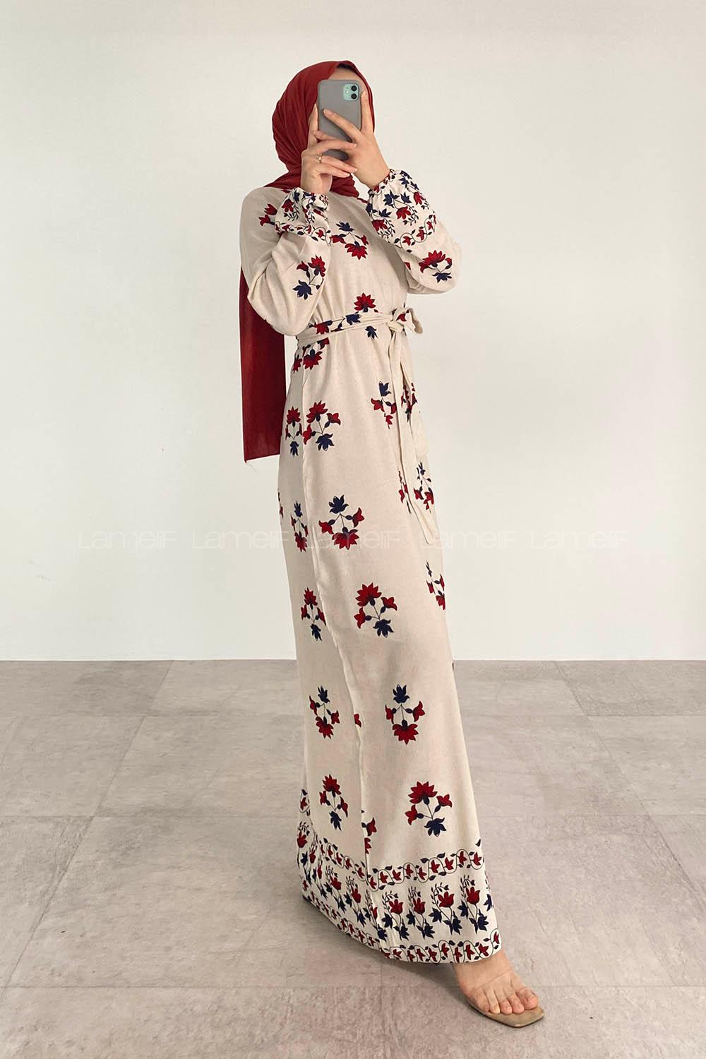 Claret Red Crew Neck Linen Printed Dresess