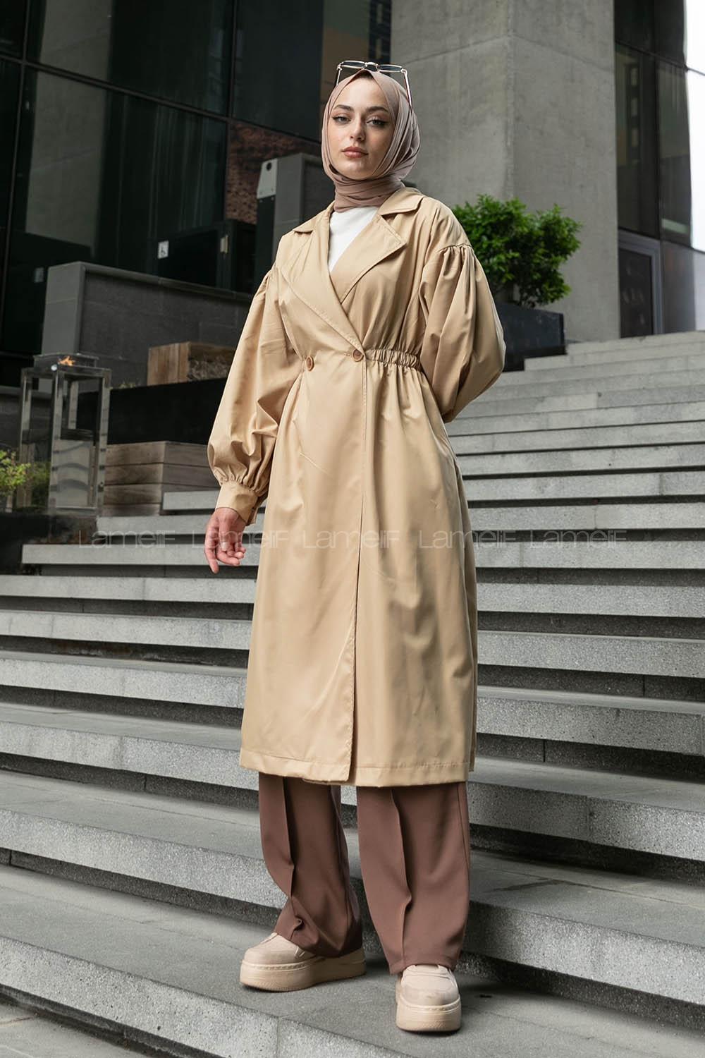 Camel Long Arm Balloon Sleeve Arm Buttoned Parachute Fabric Trench Coat