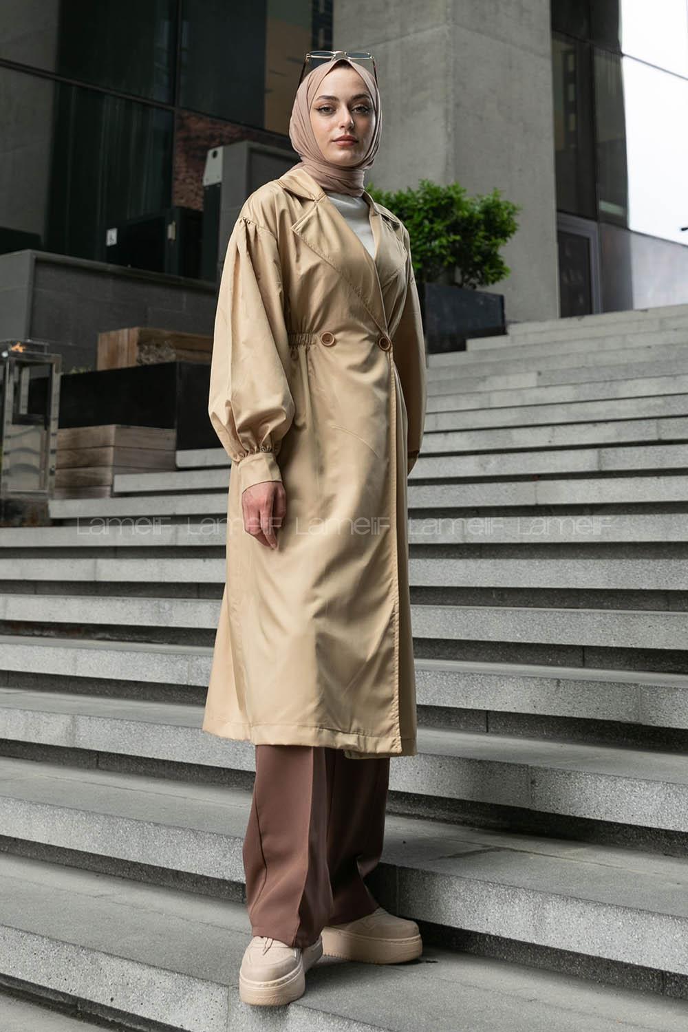 Camel Long Arm Balloon Sleeve Arm Buttoned Parachute Fabric Trench Coat