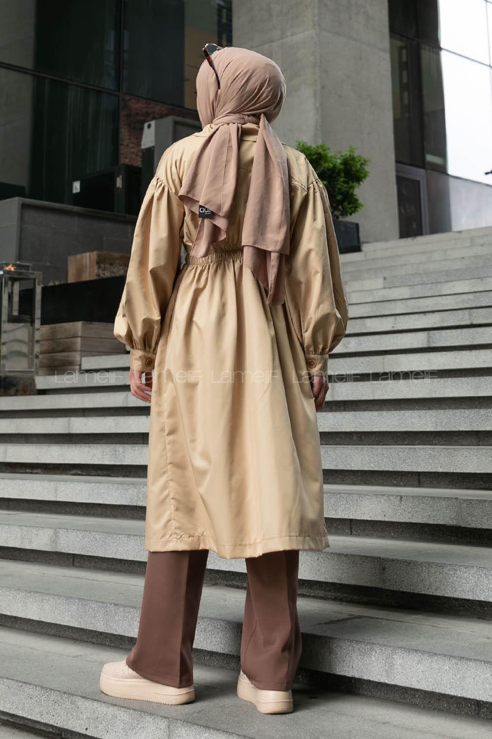 Camel Long Arm Balloon Sleeve Arm Buttoned Parachute Fabric Trench Coat