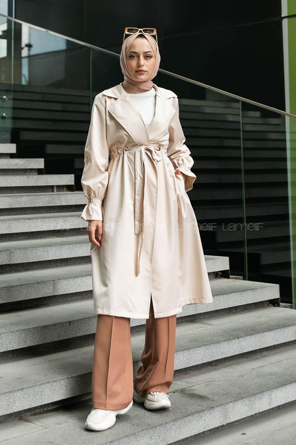 Beige Long Arm Belted Trench Coat
