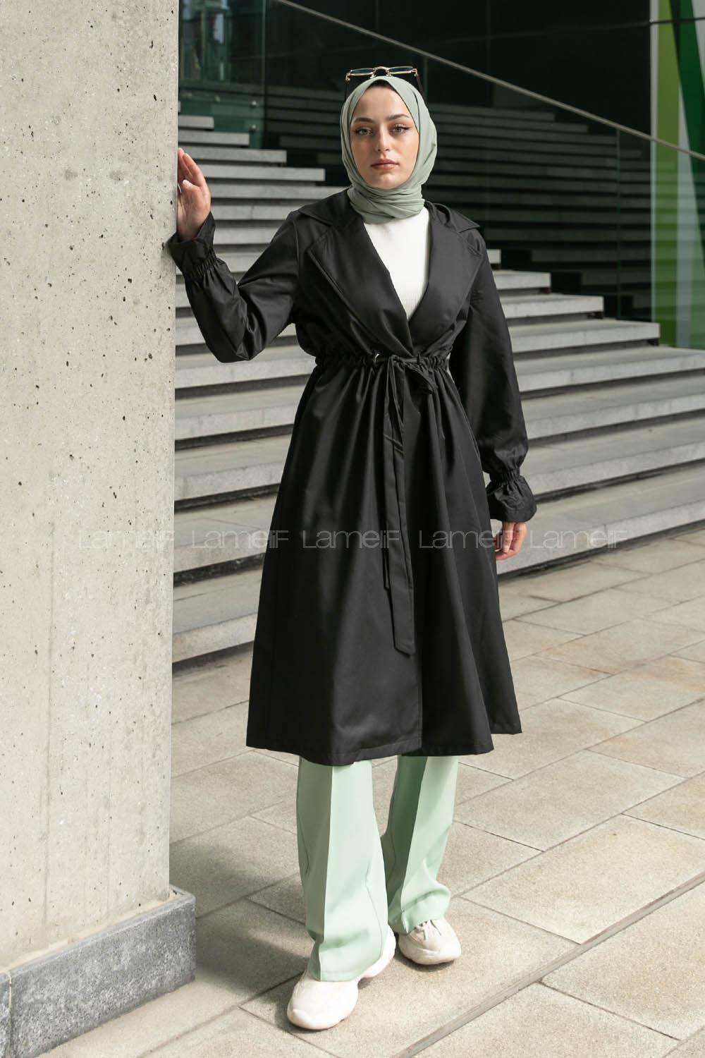 Black Long Arm Belted Trench Coat