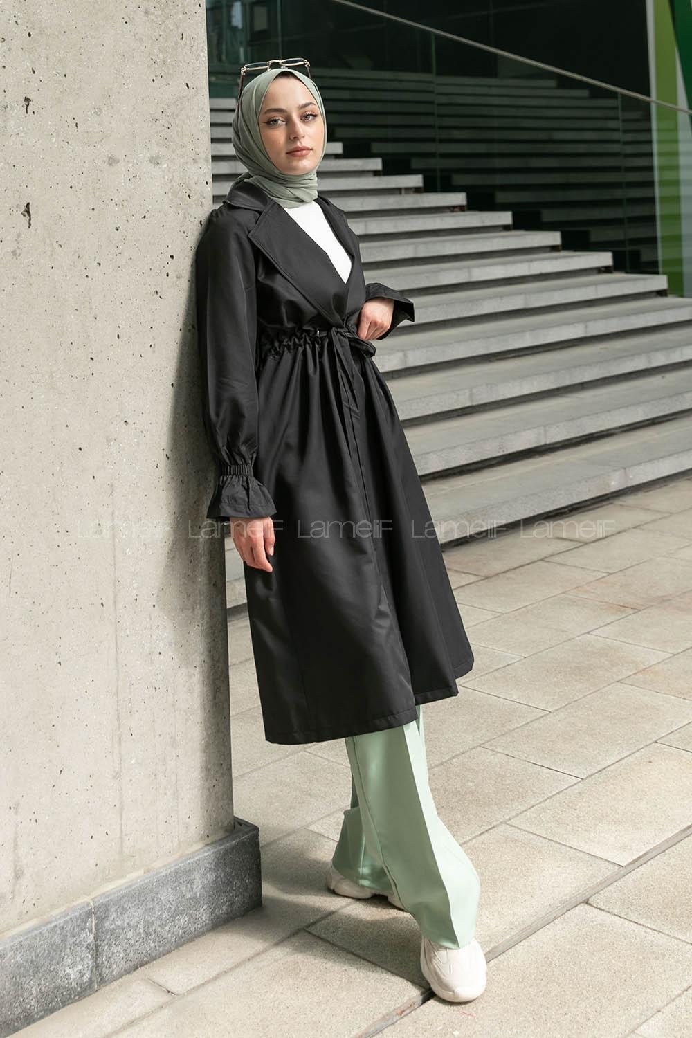 Black Long Arm Belted Trench Coat