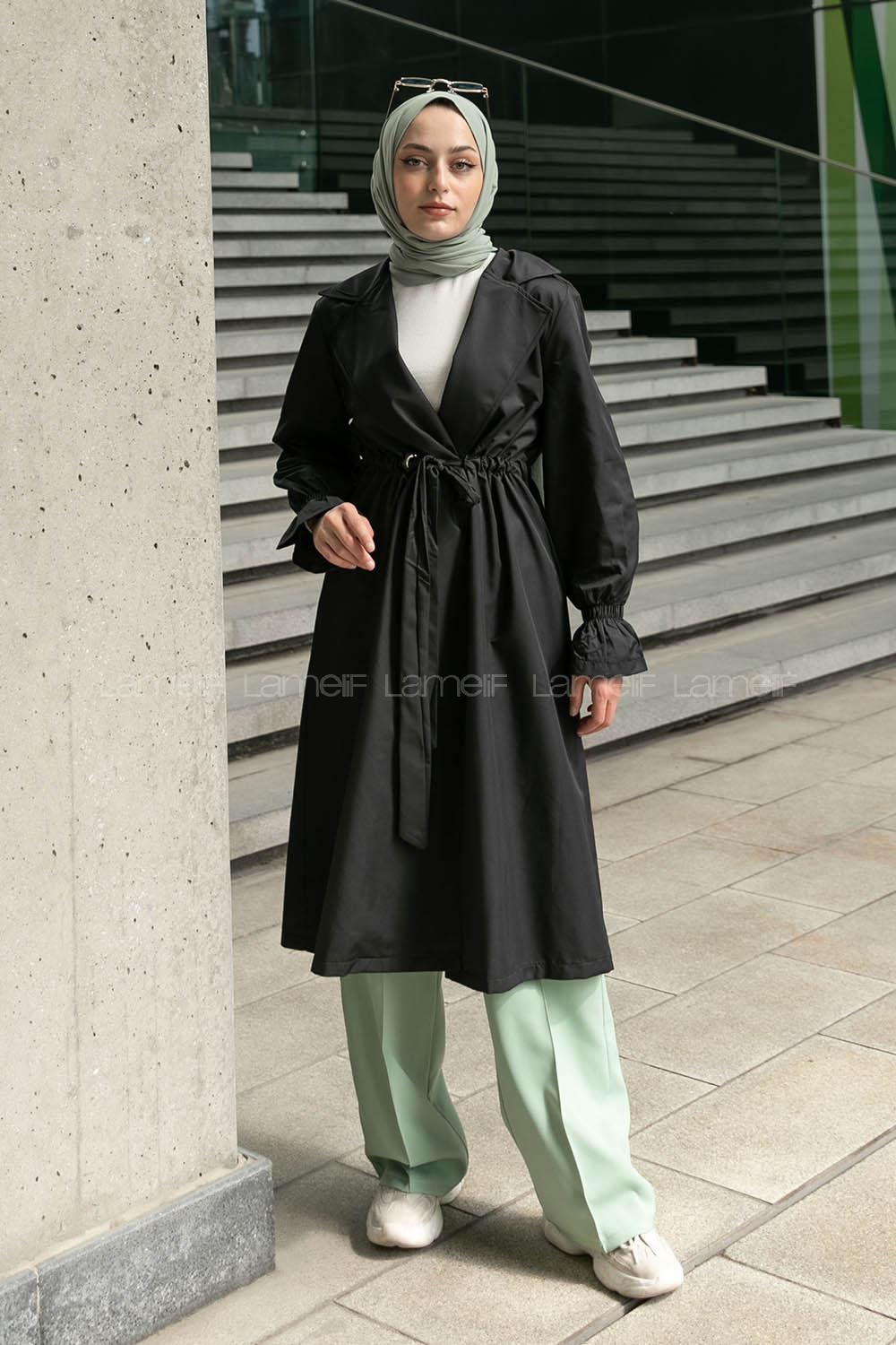 Black Long Arm Belted Trench Coat