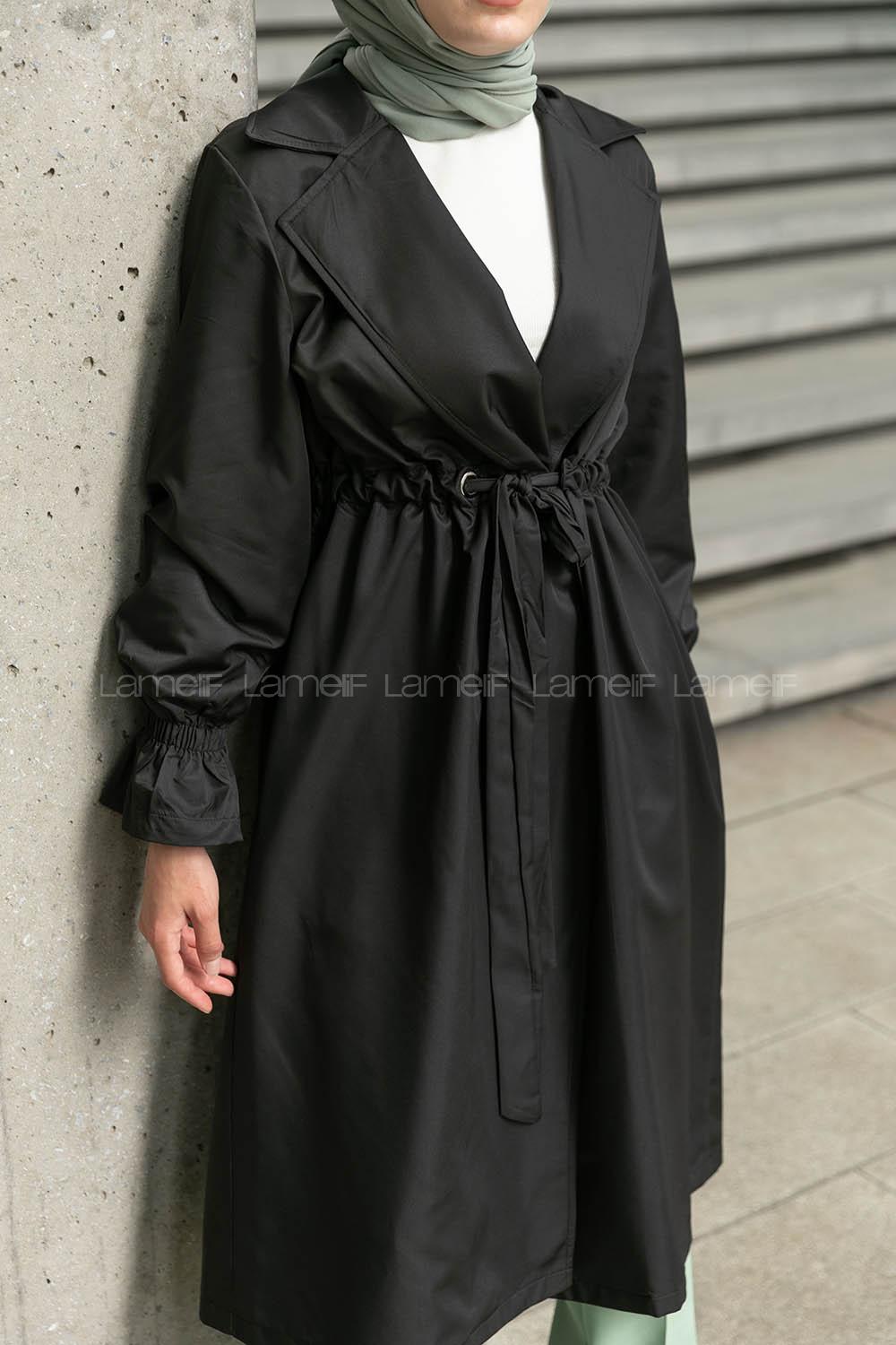 Black Long Arm Belted Trench Coat