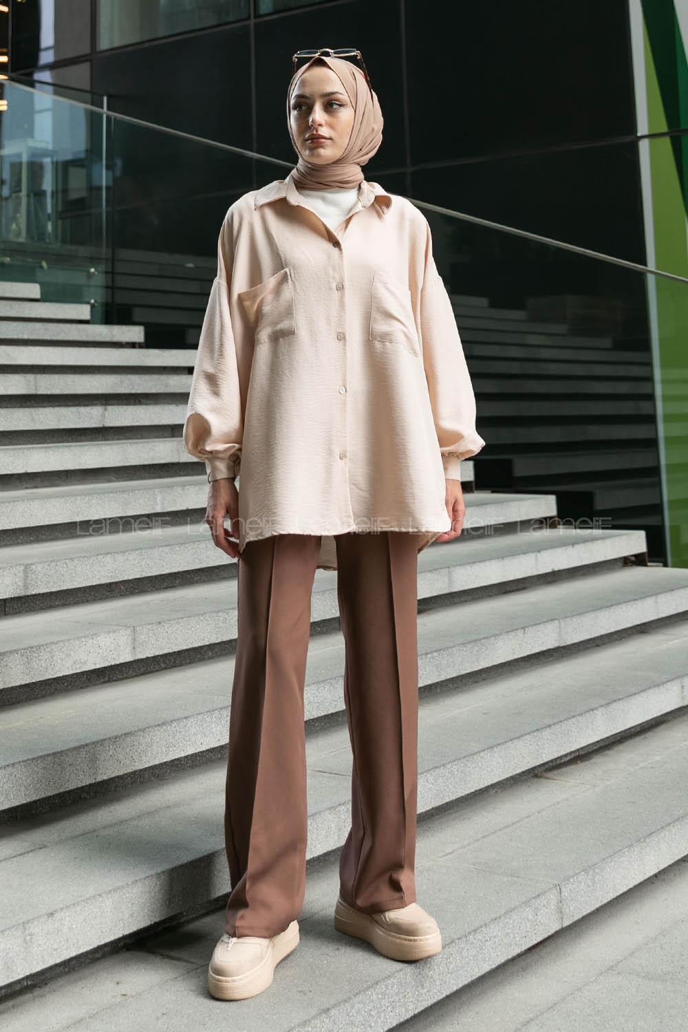 Beige Shirt Collar Long Arm Cotton Unprinted Shirt