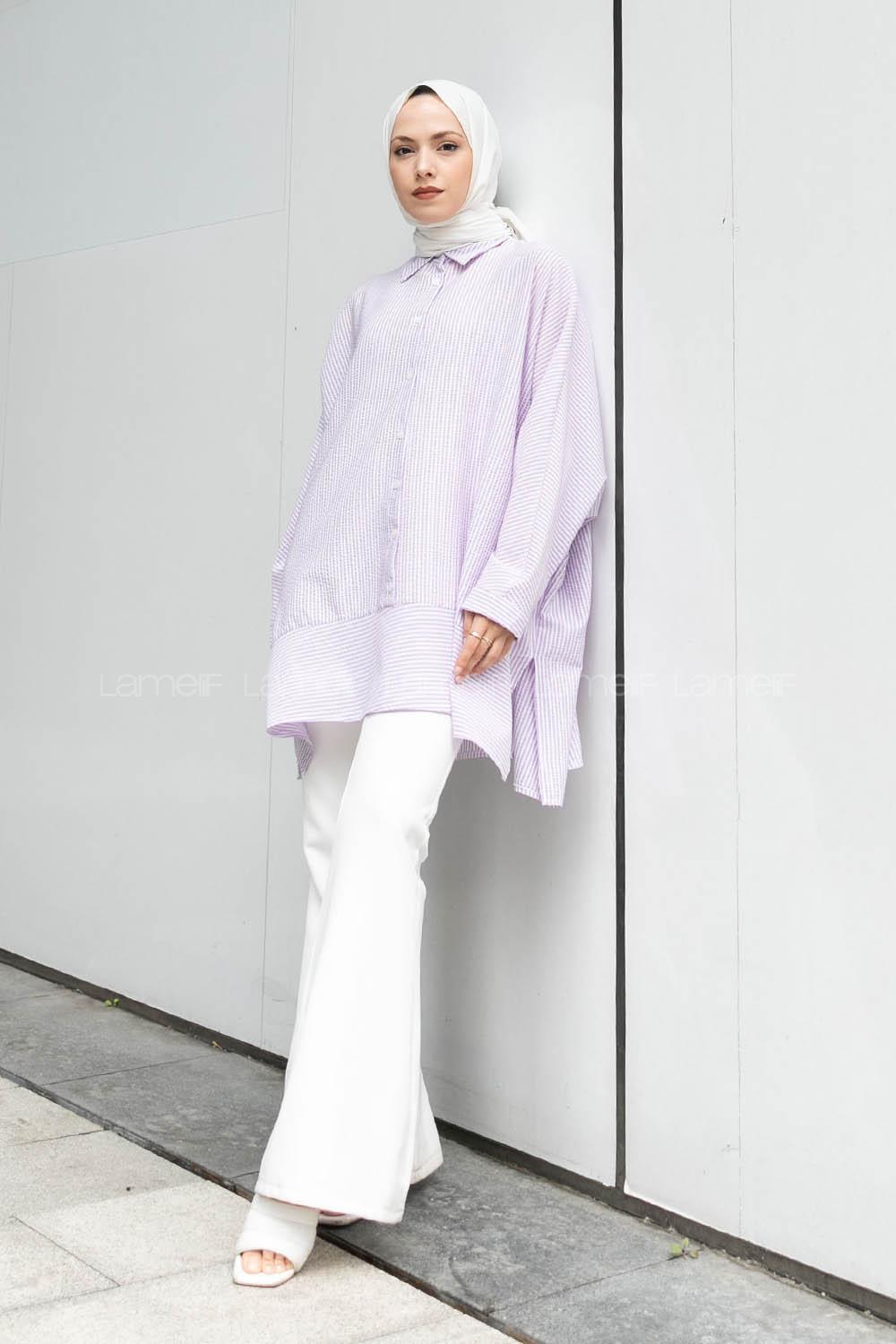 Lilac Shirt Collar Bat Sleeve Arm Viscose Fabric Printed Shirt