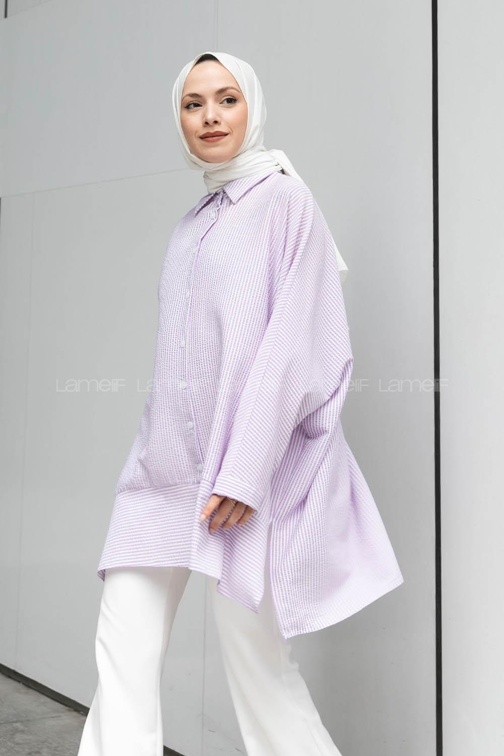 Lilac Shirt Collar Bat Sleeve Arm Viscose Fabric Printed Shirt