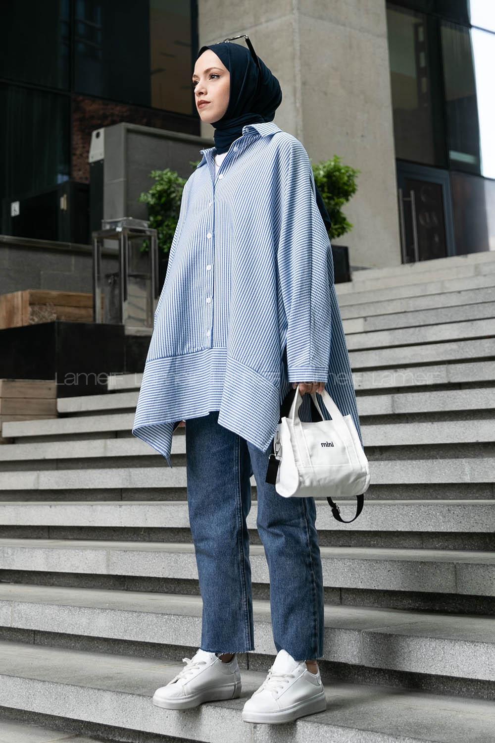 Blue Shirt Collar Bat Sleeve Arm Viscose Fabric Printed Shirt