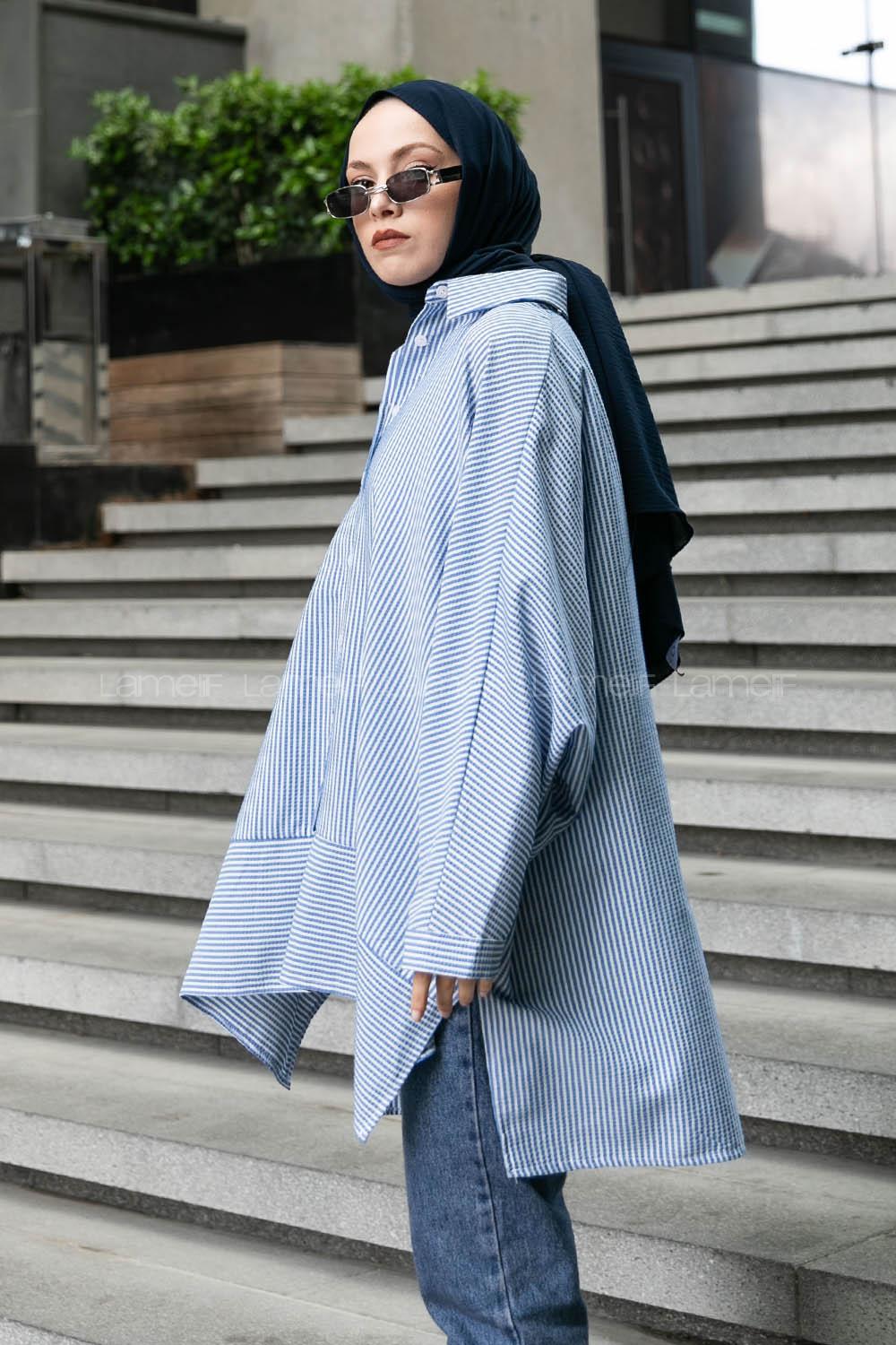 Blue Shirt Collar Bat Sleeve Arm Viscose Fabric Printed Shirt