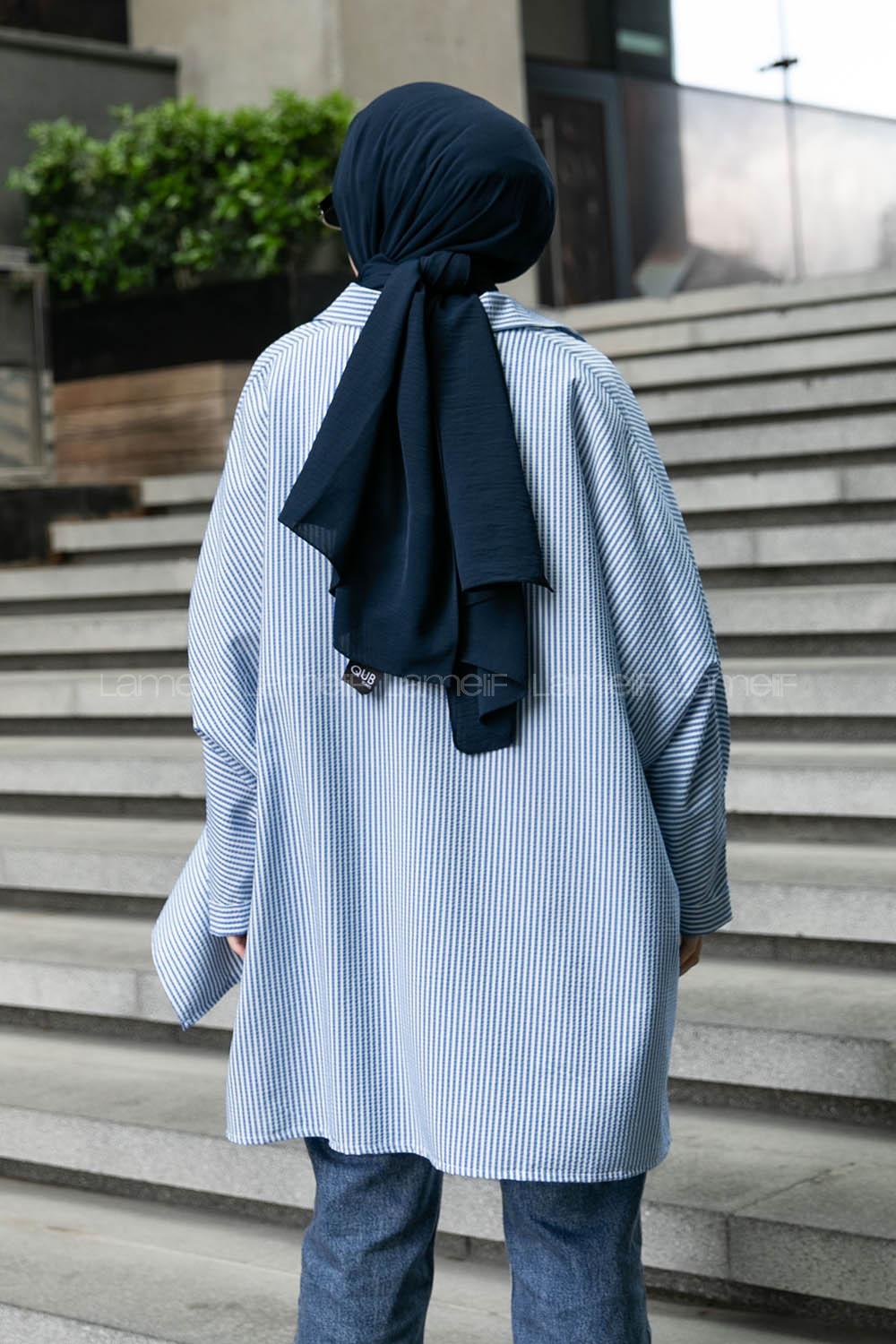 Blue Shirt Collar Bat Sleeve Arm Viscose Fabric Printed Shirt