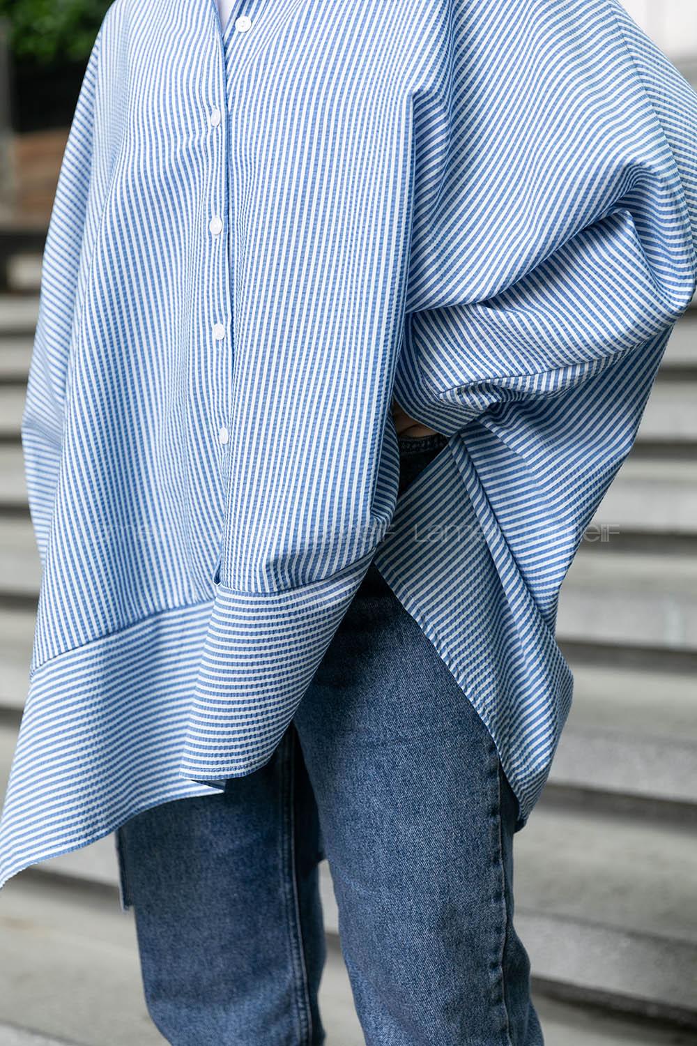 Blue Shirt Collar Bat Sleeve Arm Viscose Fabric Printed Shirt