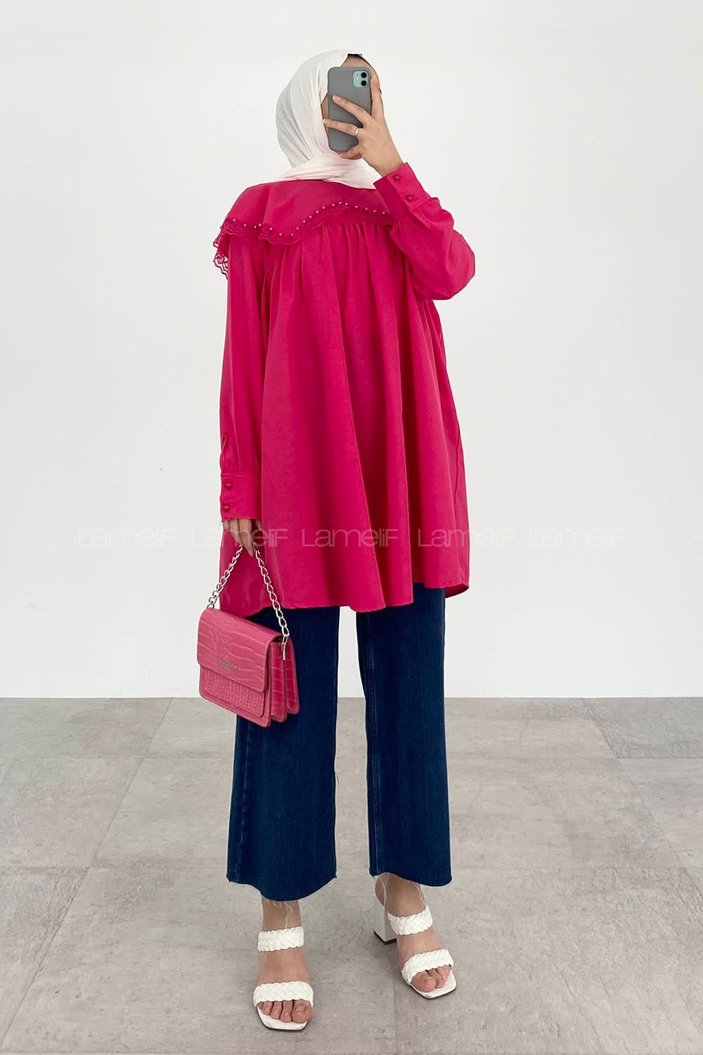 Fuchsia Hood Neck Acrylic Printed Tunic