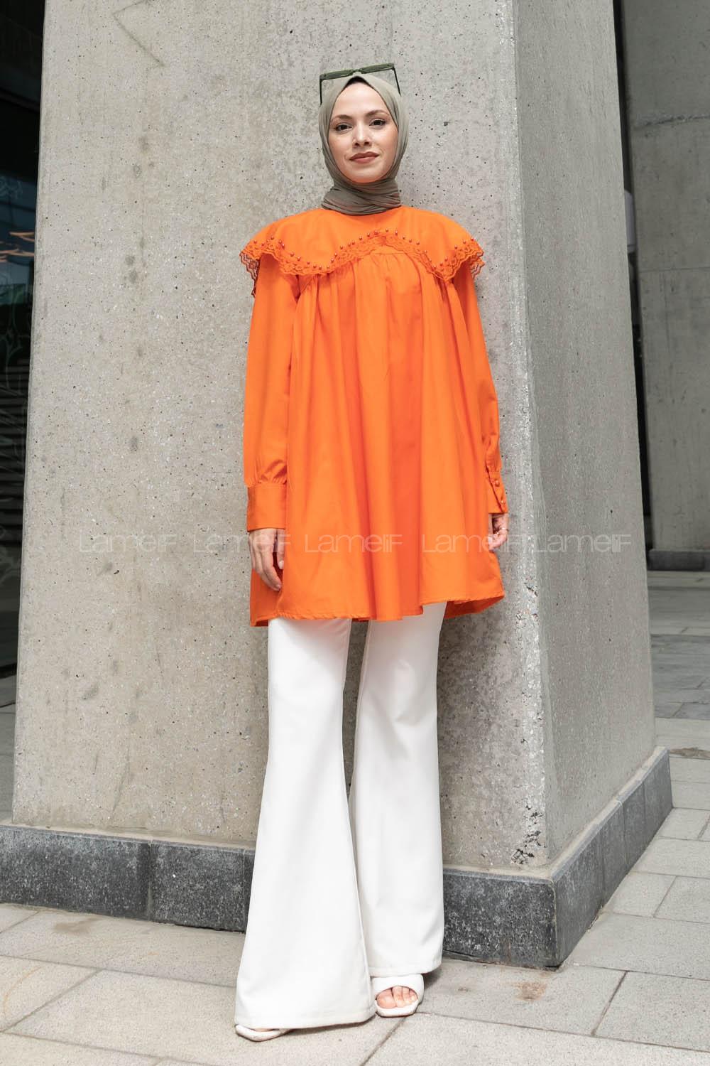 Orange Hood Neck Acrylic Printed Tunic